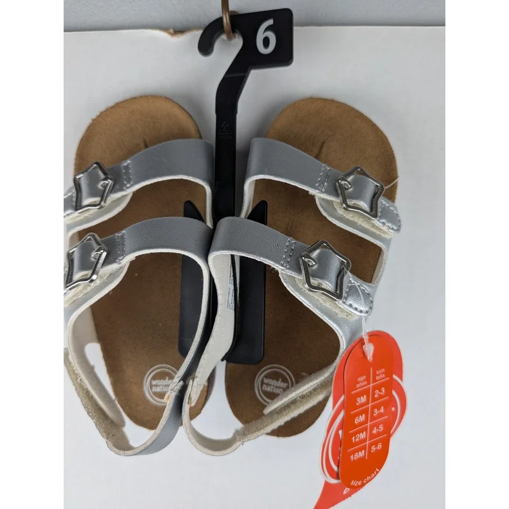 Wonder Nation Toddler Girls Silver Star Buckle Footbed Sandals Size 6 NWT